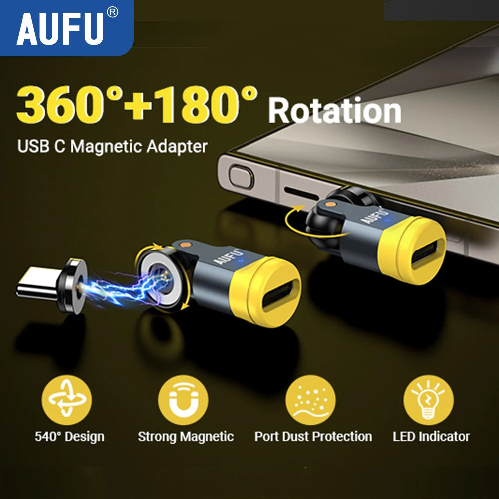 AUFU 540 Degree Rotating Magnetic Adapter USB to Type-C Charging Cable Magnetic USB C Female Converter for iPhone17 Mobile Phone