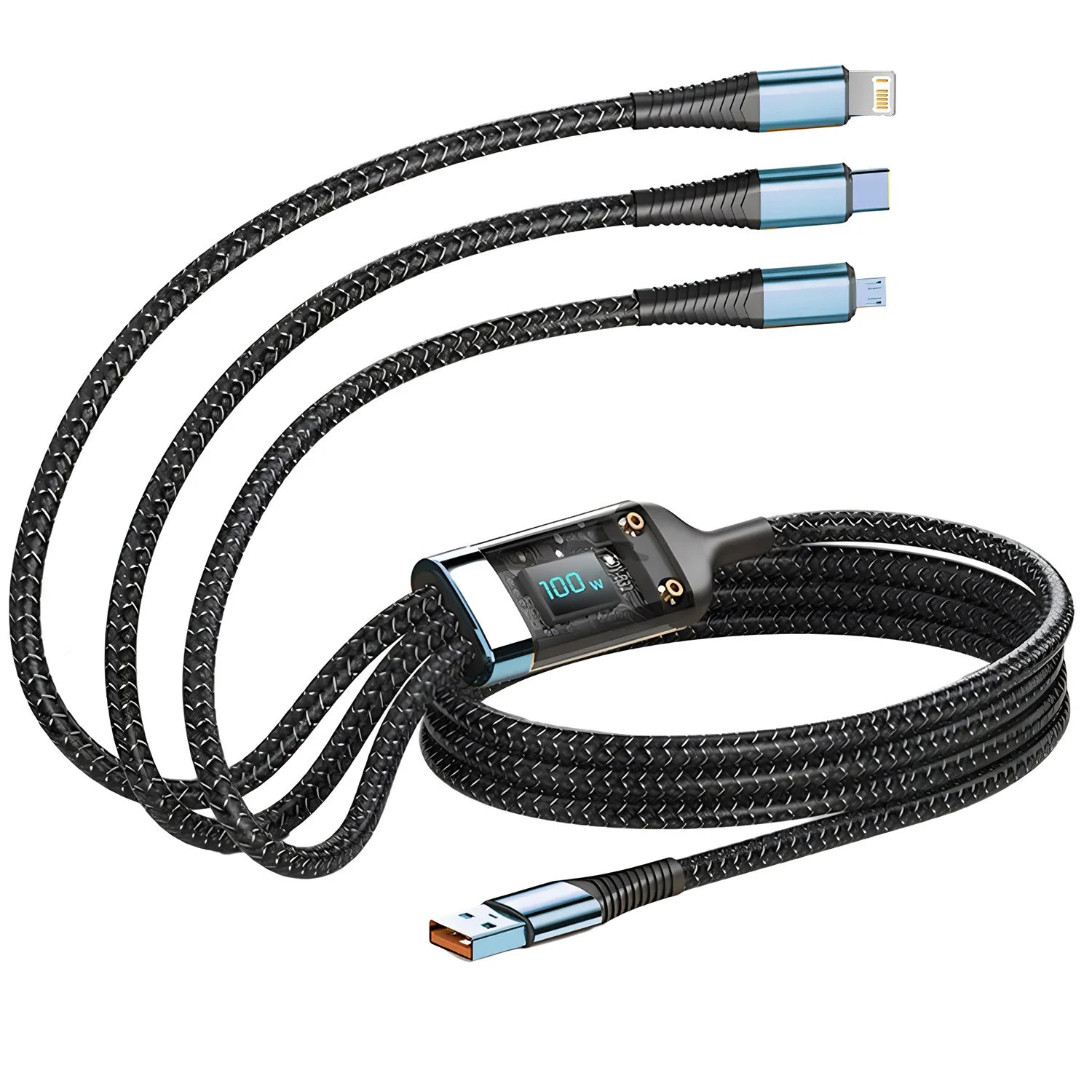 100W Fast Charging Cable Multi Charger Cable Nylon Braided Multiple USB Universal 3 in 1 Charging Cord Adapter with Type-C Micro